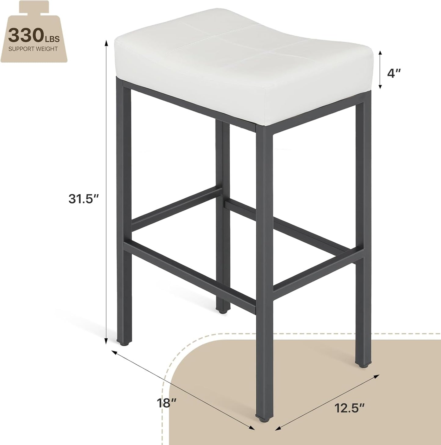 Athena Collection Counter Height Bar Stools Set of 2, 31.5 Inches Saddle Bar Stools with Leather Upholstered and Metal Legs, Backless Barstools for Counter, Kitchen Island, Dining Room, White
