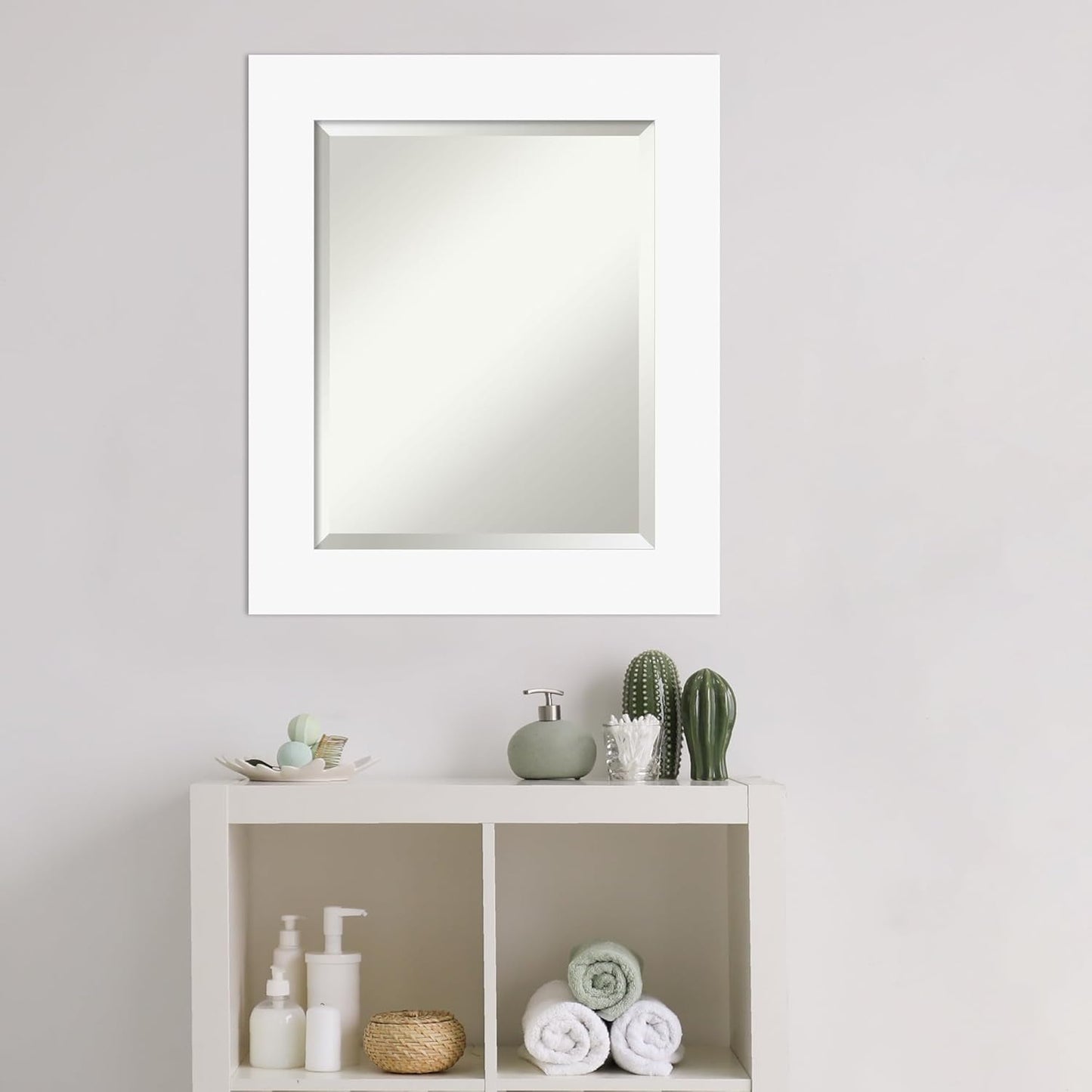 Amanti Art White Bathroom Mirror for Over Sink, 26x22 Basic White Rectangle Vanity Mirror, Small Casual Wood Frame, Hangs Horizonally and Vertically, Bathroom Wall Decor, Beveled Edge from WI, USA