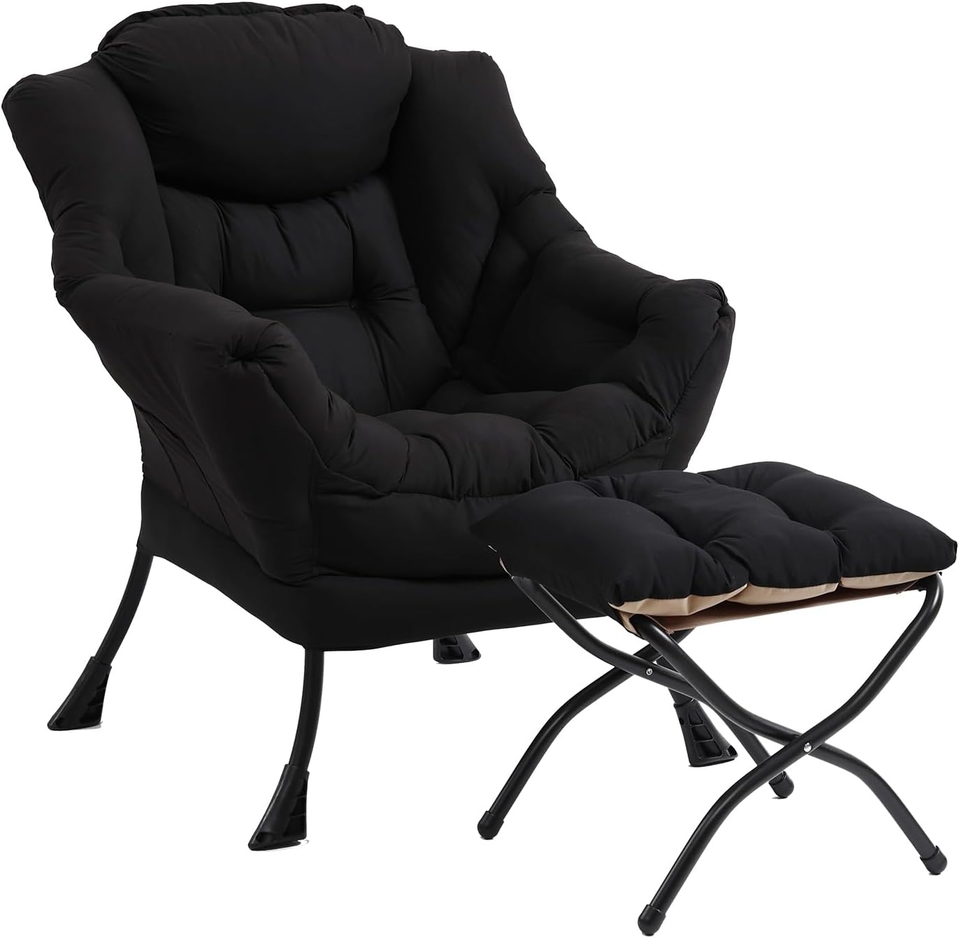 Modern Lazy Chair with Folding Footrest, Lounge Accent & Comfortable Reading Chair (Black)
