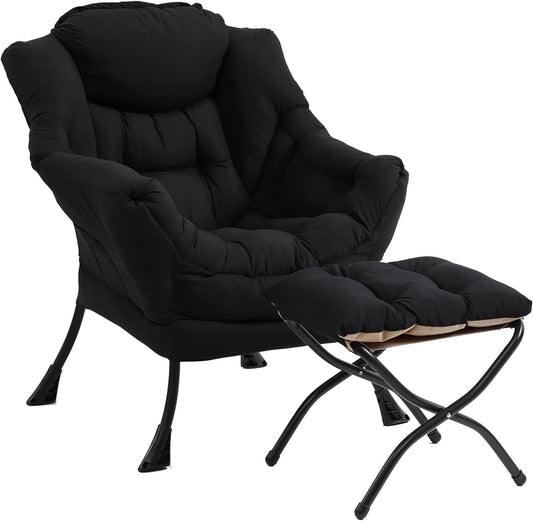 Modern Lazy Chair with Folding Footrest, Lounge Accent & Comfortable Reading Chair (Black)