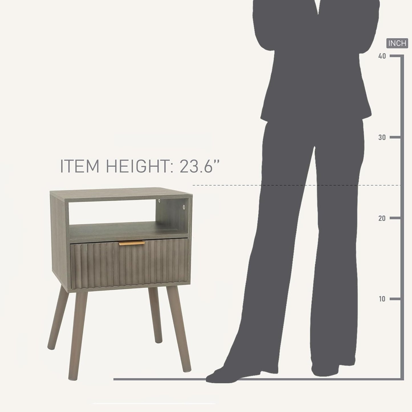 Grey Nightstand, Modern Night Stand Wood, Fluted Bedside Table with Solid Wood Legs for Bedroom, Dorm and Small Space (Grey)