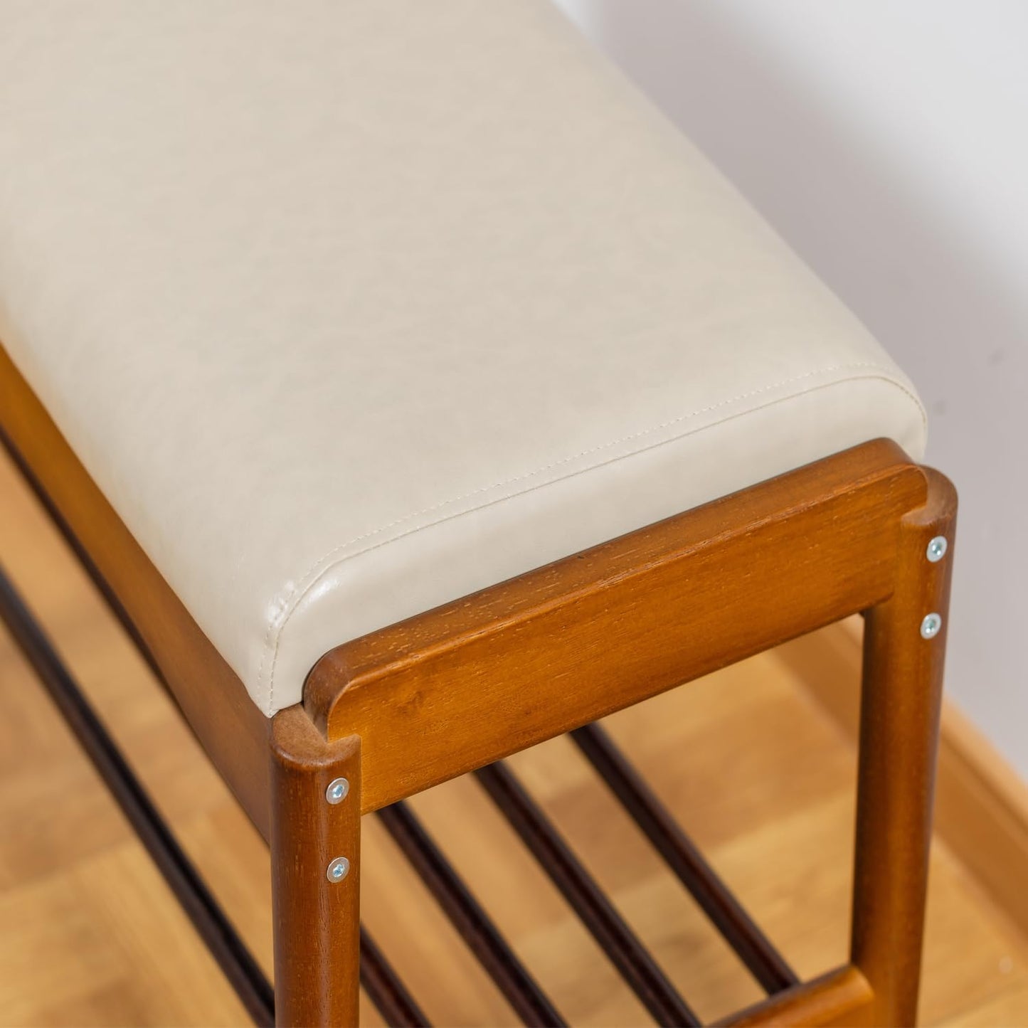 latifolia Small Shoe Bench, Solid Wood Bench with Cushion, 2 Tier Shoe Storage Organizer for Entryway(Walnut,23.62''L)