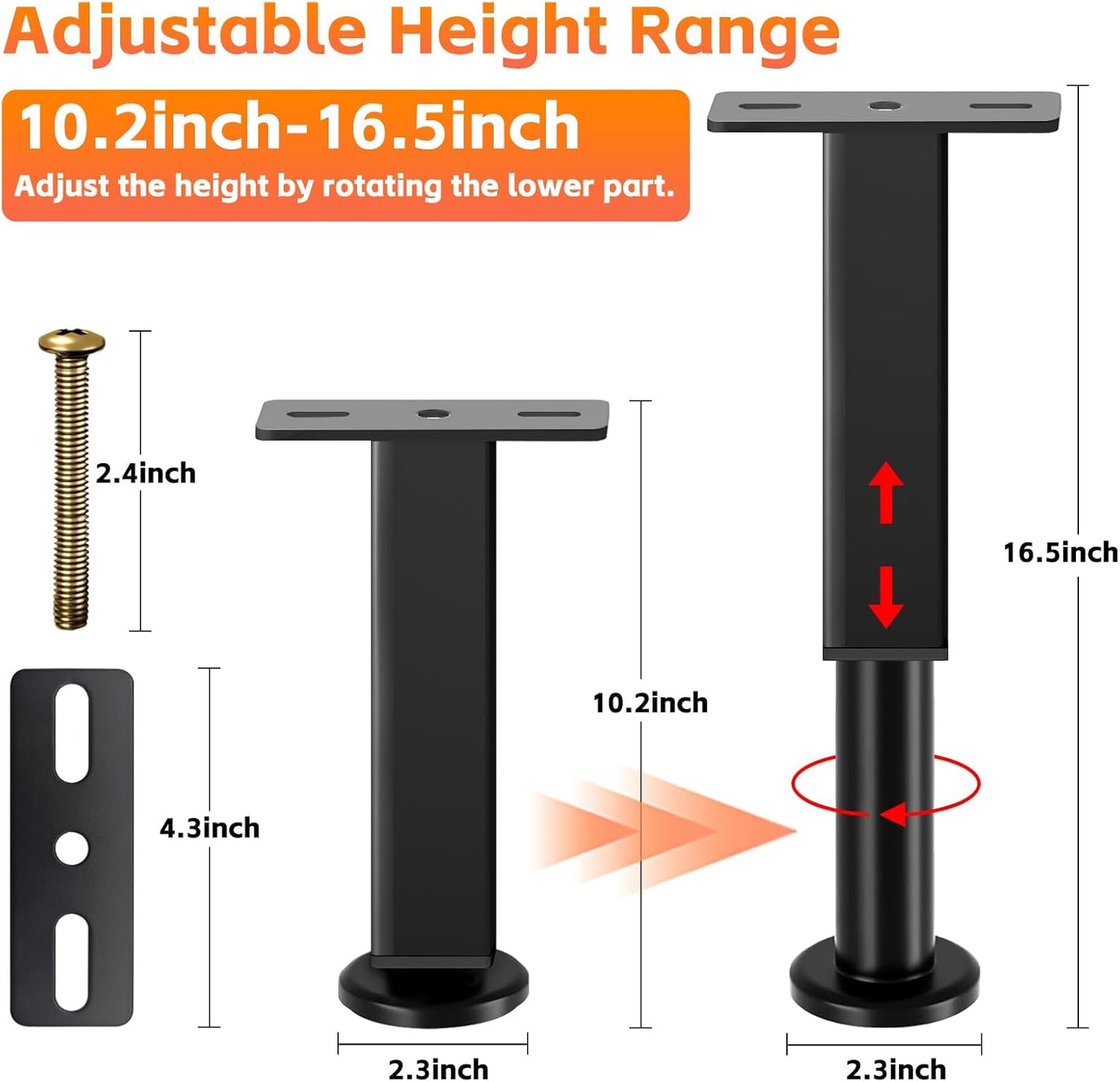 4PCS Adjustable Height Bed Support Legs, 10.2-16.5In, Metal Heavy Furniture Legs with Rubber Non-Slip for Sofa/Cabinet/Couch/Dresser/Table, Furniture Feet Replacement for King Queen Bed Frame Slat