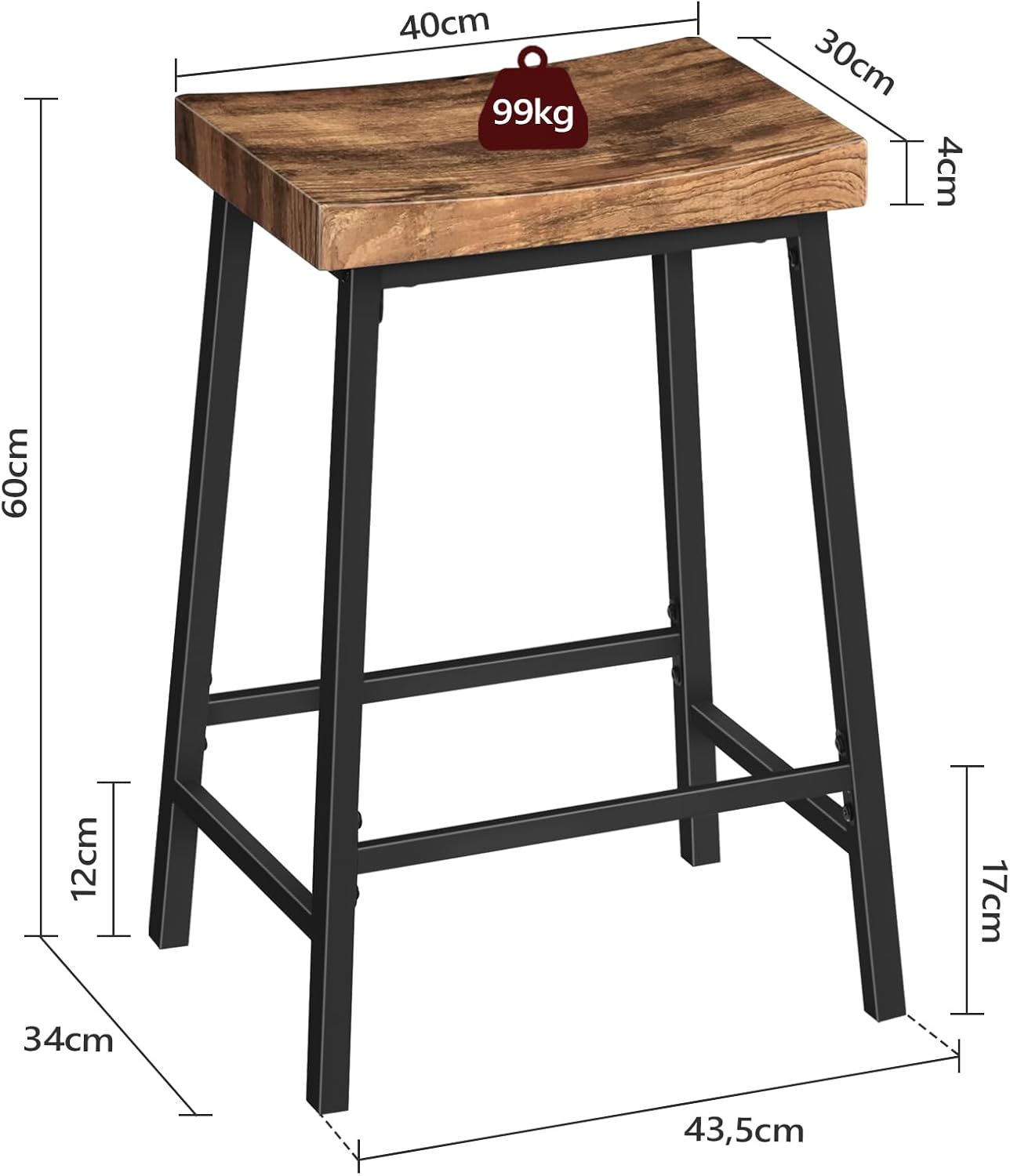 Bar Stools,Counter Height Bar Stools Set of 2, 23.7 Inch Saddle Stools with Footrest, Kitchen Stools, Industrial Style, for Dining Room, Counter, Bar, Rustic Brown and Black BAHR0801N1