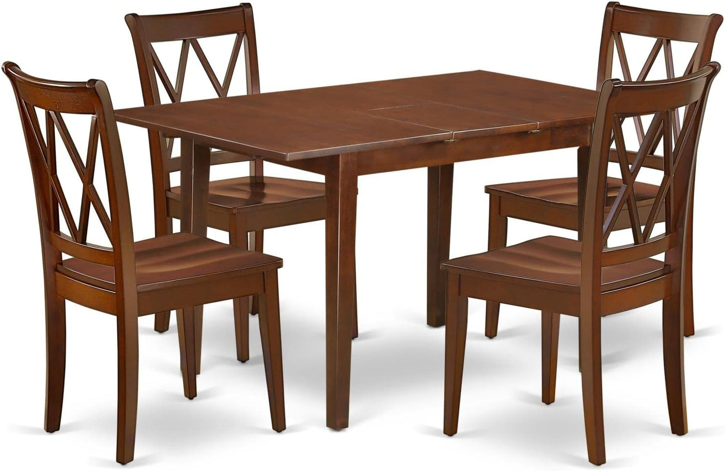 East West Furniture PSCL5-MAH-W 5 Piece Dining Room Table Set Includes a Rectangle Kitchen Table with Butterfly Leaf and 4 Dining Chairs, 32x60 Inch, Mahogany