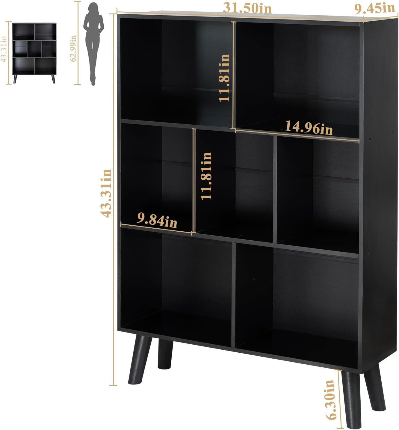 YAHARBO Black Bookshelf,3 Tier Modern Bookcase with Legs,Bookshelves Wood Storage Shelf, Open Book Shelves Cube Organizer,Freestanding Short Bookcases