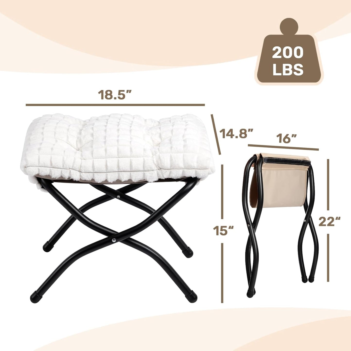 HollyHOME 15"(H) Folding Footrest Stool, Upholstered Small Foldable Ottoman, Accent Padded Sofa Foot Stool for Lazy Chair, Metal Portable Foot Rest Ottoman for Living Room, Bedroom, Faux-Fur White