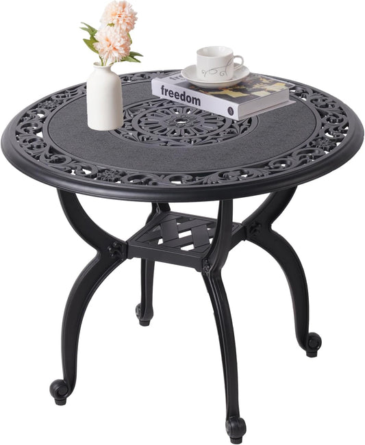 Cast Aluminum Side Table for Outdoor Patio, Garden, Balcony - All Weather Coffee Table (Black, Round 24"), WIL001