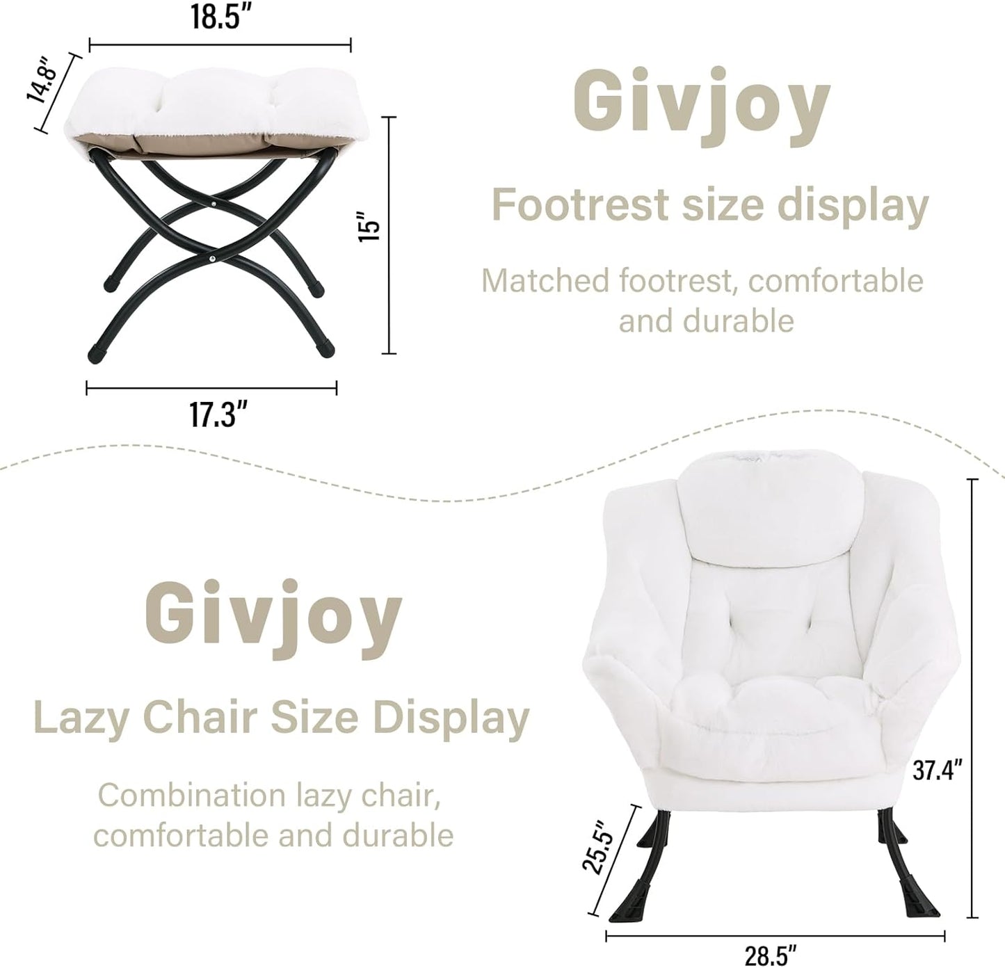 Cozy Lazy Chair and Ottoman, Large Contemporary Accent Lounge Chair Set, Leisure Upholstered Reading Armchair for Bedroom, Living Room, Dorm Rooms, Office