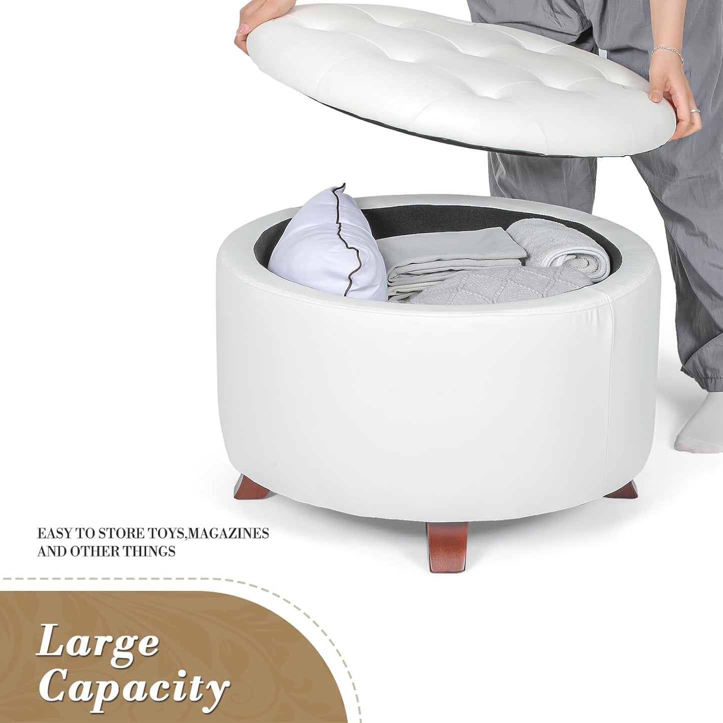 Athena Collection 24.5 Inch Small Ottoman with Storage, Round PU Leather Storage Ottoman Foot Rest with Removable Lid, Multipurpose Footstool Footrest for Livingroom, Bedroom, Dorm, White