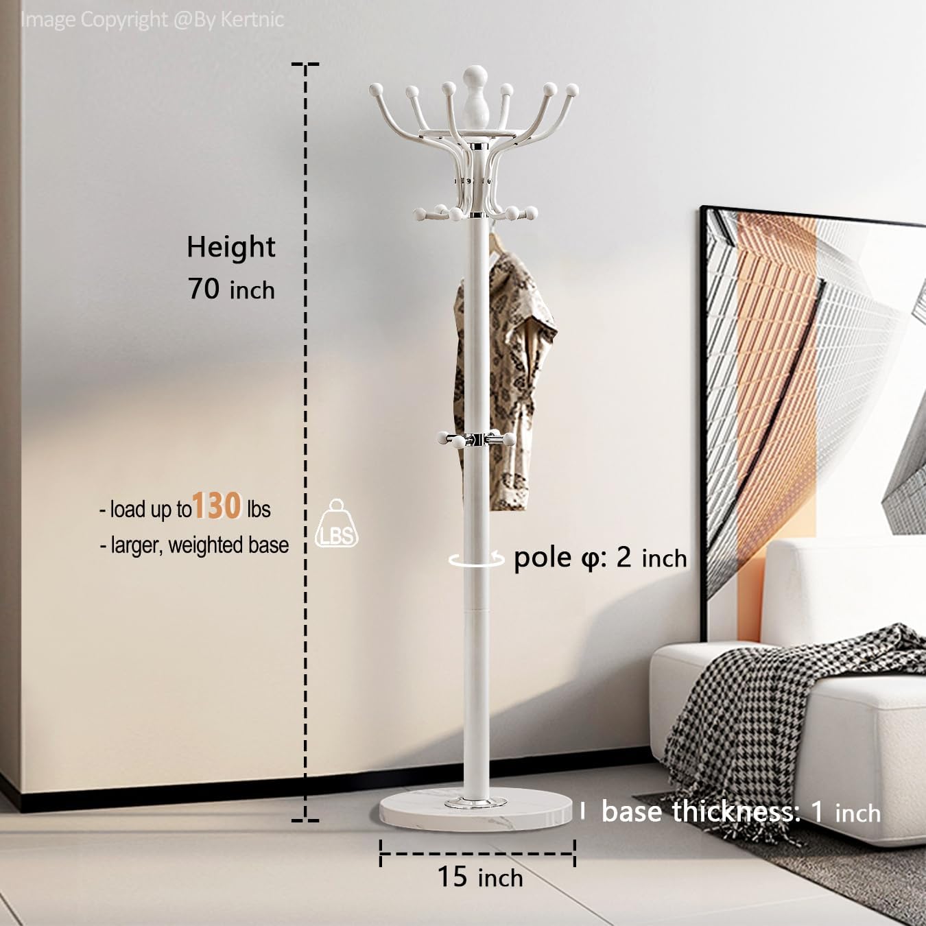 Kertnic Freestanding Coat Rack with 16 Hooks & Marble Base - Heavy Duty Metal Hall Tree Stand for Entryway, Hats, Coats, Bags Rack- Modern Hanger Organizer for Home, Office, Dorm (16 hooks -White)