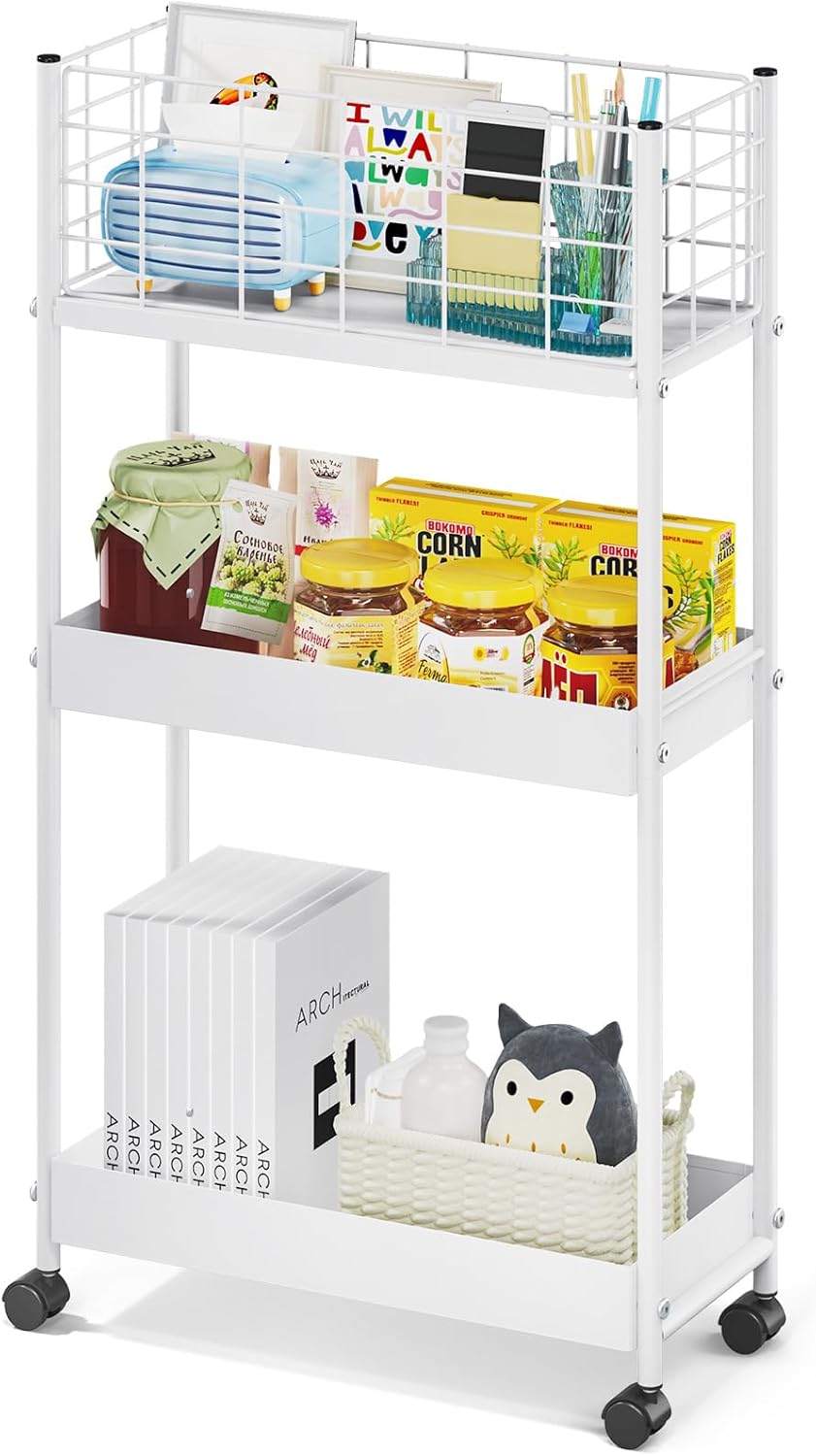 KINGRACK 3-Tier Rolling Utility Cart with Wheels, Metal Slim Storage Cart, Multifunctional Storage Organizer, Rolling Storage Cart for Kitchen, Office, Bathroom, Narrow Place, White