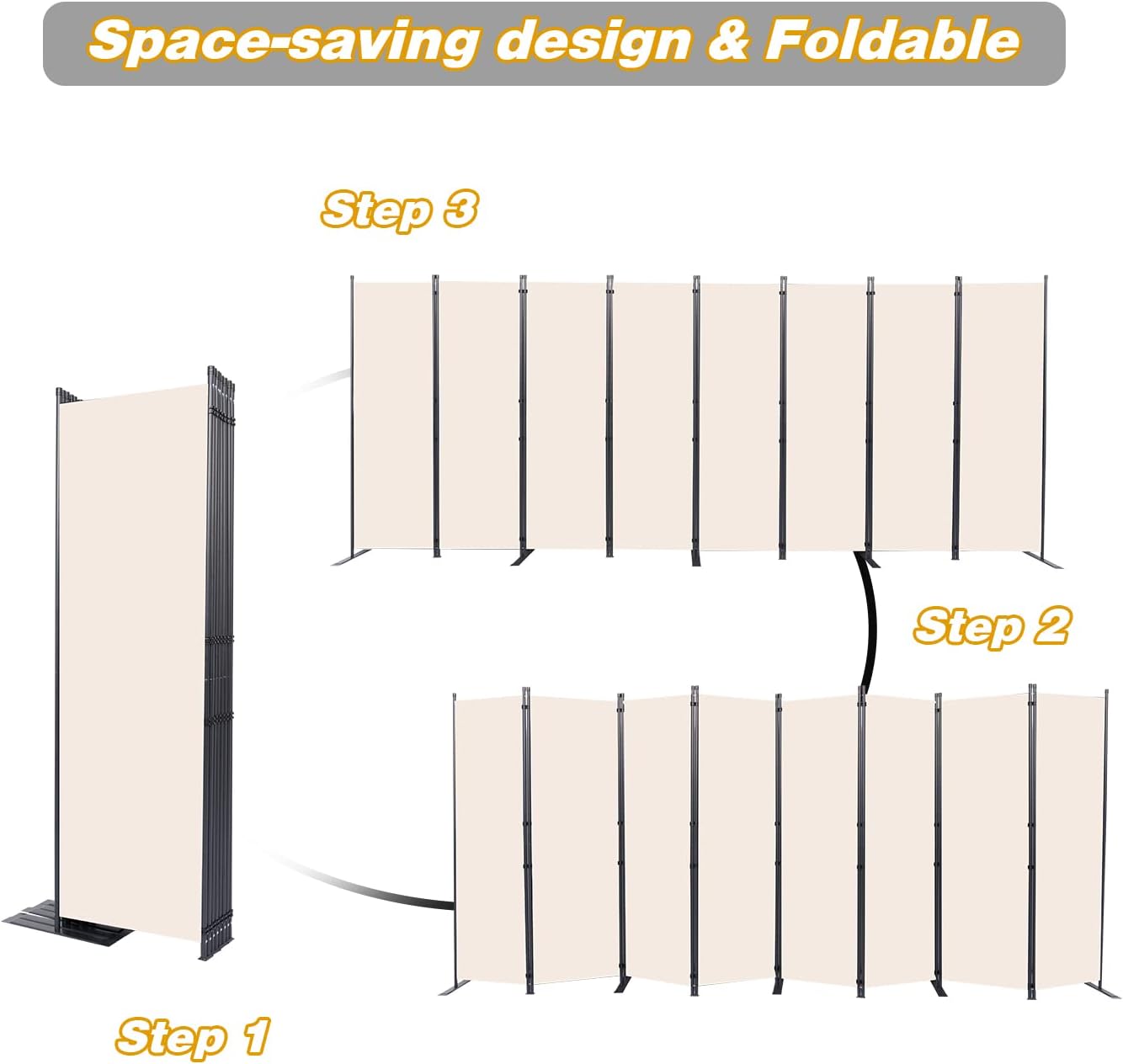 Room Divider, 8 Panel Folding Privacy Screens with Wider Support Feet, 6 Ft Portable Room Partition for Room Separator, 176" W X 71" H, Beige