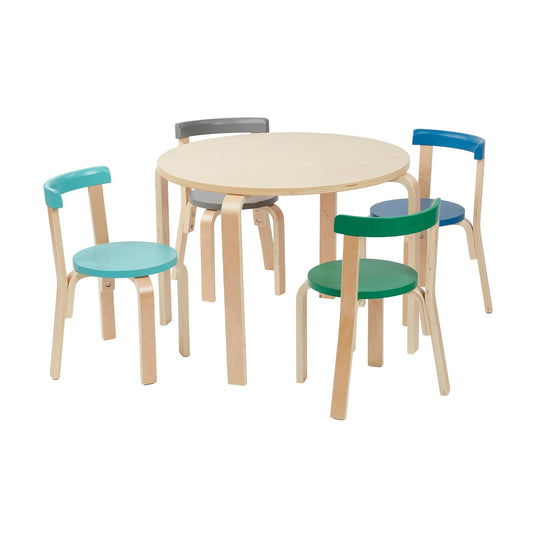 ECR4Kids Bentwood Round Table and Curved Back Chair Set, Kids Furniture, Contemporary, 5-Piece