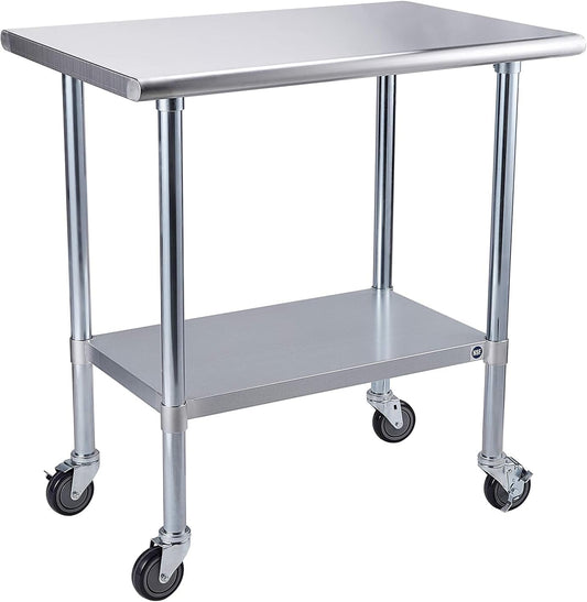 ROCKPOINT Stainless Steel Table for Prep & Work with Caster Wheels 24x36 Inches, NSF Metal Commercial Kitchen Heavy Duty Table with Adjustable Under Shelf and Table Foot for Restaurant, Home and Hotel
