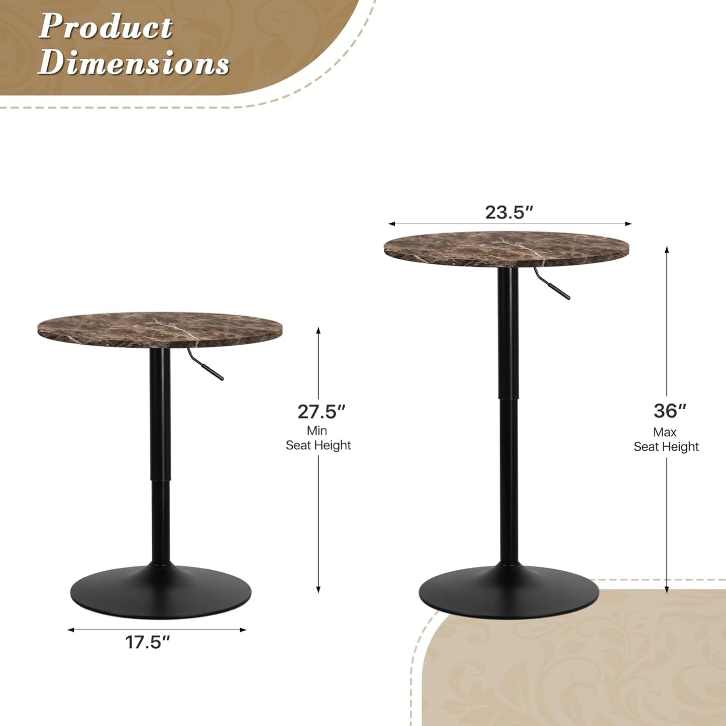 Athena Collection Modern Bar Table Round Top Height Adjustable, Tall Bistro Pub Cocktail Table Height Top and Sturdy Base, Suitable for Home Kitchen Pub Restaurant Outdoor, Brown