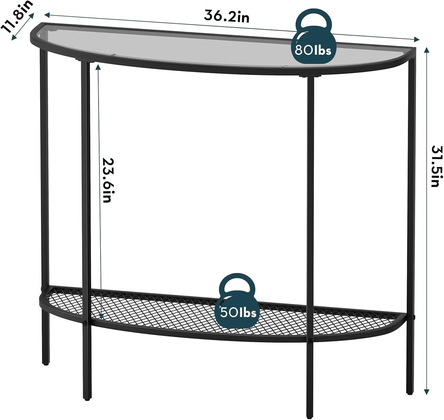 SAYGOER Glass Console Table 2 Tier Half Moon Entryway Table Modern Couch Table Small Entry Way Tables for Living Room Hallway, Easy Assembly, Gray Glass