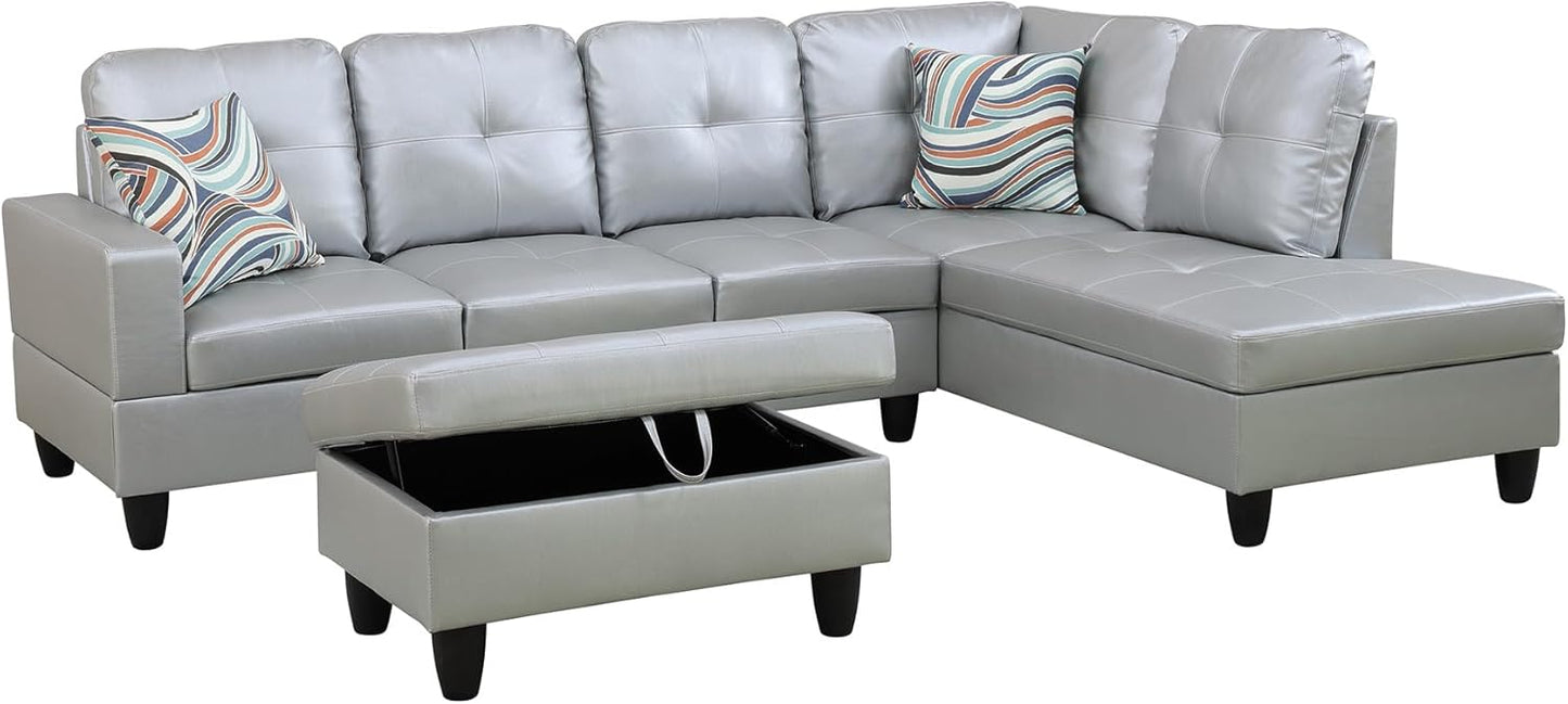 Couches for Living Room PU Leather L Shaped Couch Comfy 3 Pieces Sectional Sofa with Chaise, Ottoman with Storage for Office and Small Apartment, Silver