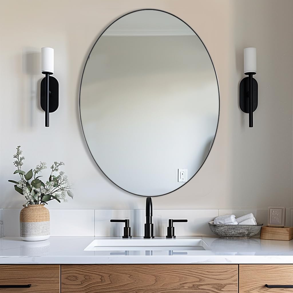 ANDY STAR Chrome Bathroom Mirror, 24x32 Inch Polished Chrome Oval Wall Mirror for Bathroom, Modern Chrome Wall Mirror Pill Shaped Stainless Steel Metal Mirror