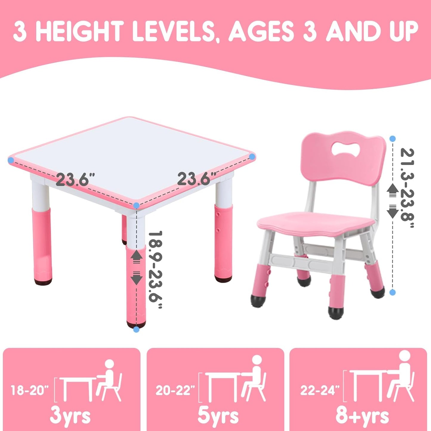 Kids Table & Chair Set with Adjustable Toddler-Safe Non-Slip Legs, Activity & Graffiti-Proof Desktop Ages 3-12