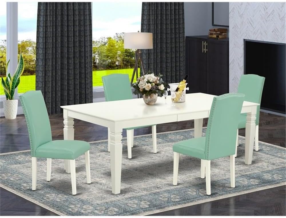 East West Furniture LGEN5-LWH-57 5 Piece Dining Room Table Set Includes a Rectangle Kitchen Table with Butterfly Leaf and 4 Pond Faux Leather Parson Dining Chairs, 42x84 Inch, Linen White