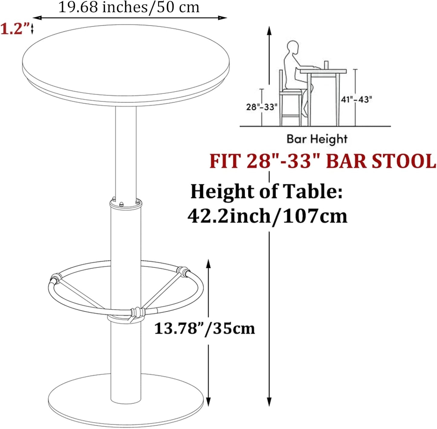 LOKKHAN 42" Tall Rustic Industrial Bar Table-19.68" Dia Round Wooden Top Metal Bar Height Adjustable Standing Pub Table-Dining Room Bistro Table-Cocktail Table (Silver,Walnut)