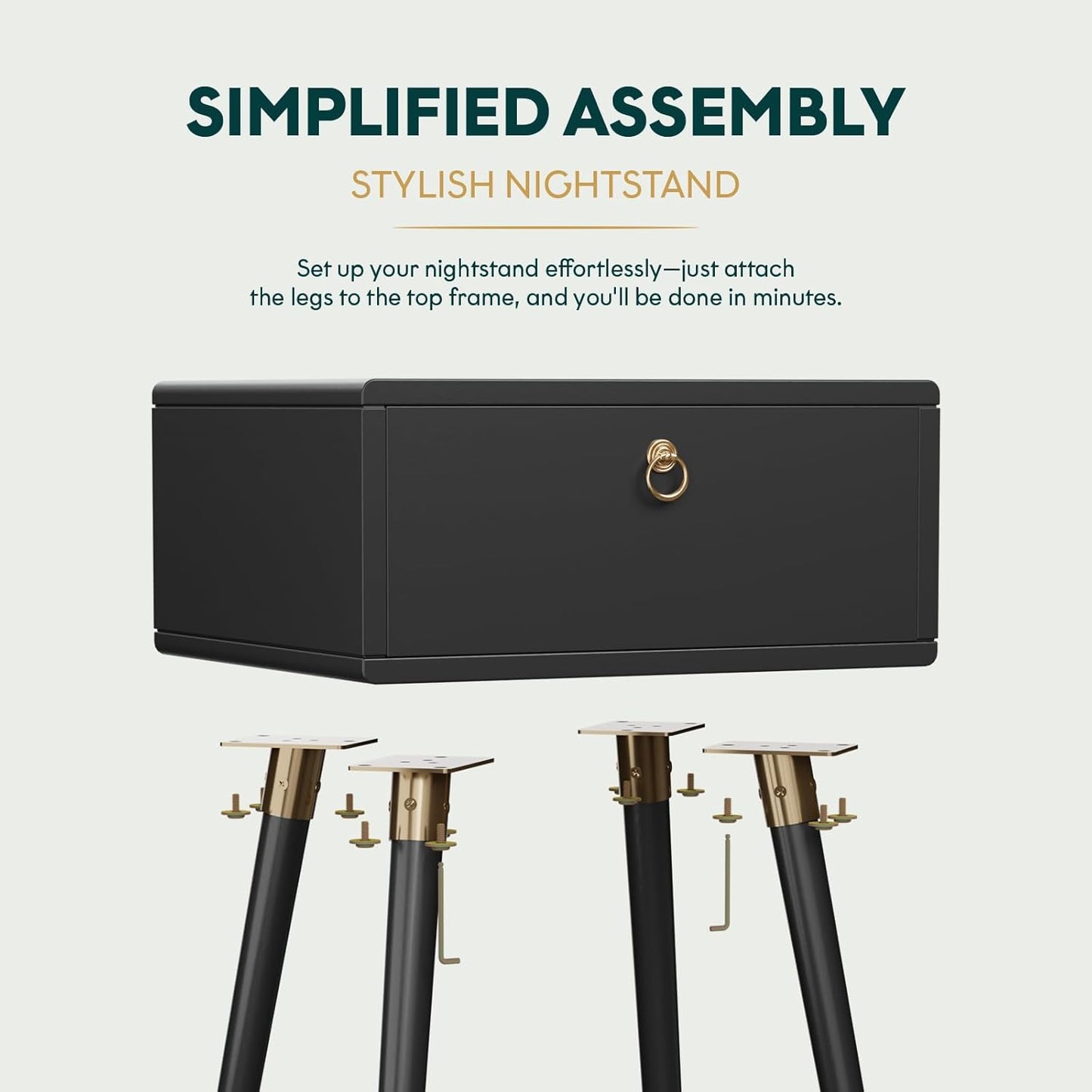 Bme Alden Wood Nightstand, Solid Wood End Table, Mid Century Modern Nightstand, Side Table with 1 Drawer, Compact for Bedroom, Living Room & Study Room, Easy Assembly, Black