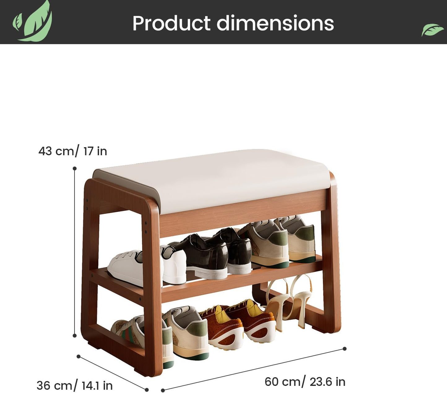 Solid Wood Shoe Rack, 2 Tier Shoe Storage Bench with Cushion Seat, 8 Pair Shoe Organizer for Entryway, Cherrywood, 32 Inch