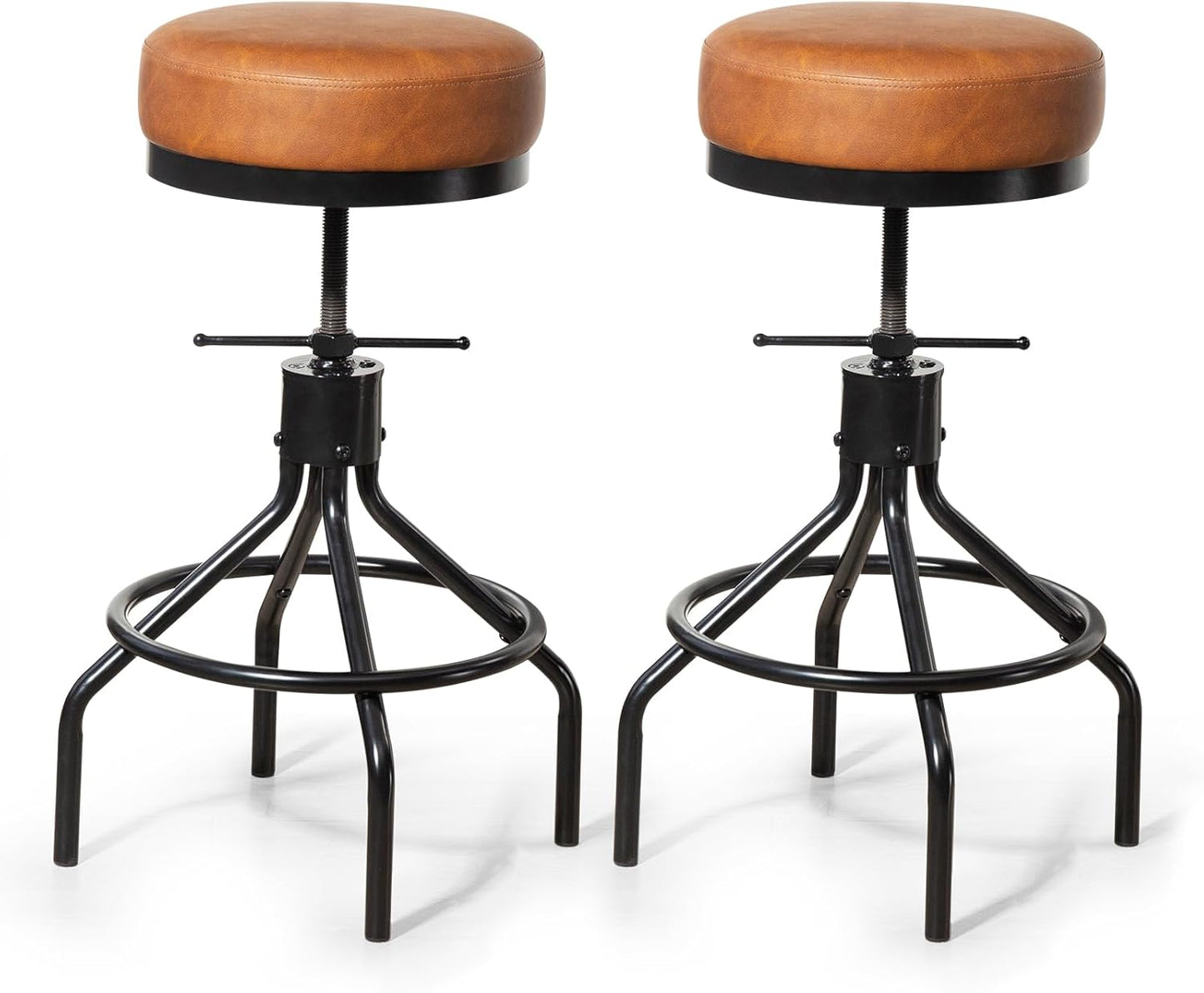 Industrial Bar Stools Set of 2 Adjustable Swivel Round Barstools Modern PU Leather 28inch Backless Counter Height Stool Metal Bar Chair for Kitchen Island (2, Brown)