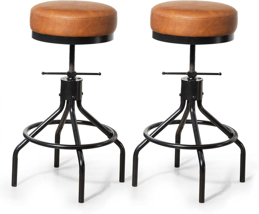 Industrial Bar Stools Set of 2 Adjustable Swivel Round Barstools Modern PU Leather 28inch Backless Counter Height Stool Metal Bar Chair for Kitchen Island (2, Brown)