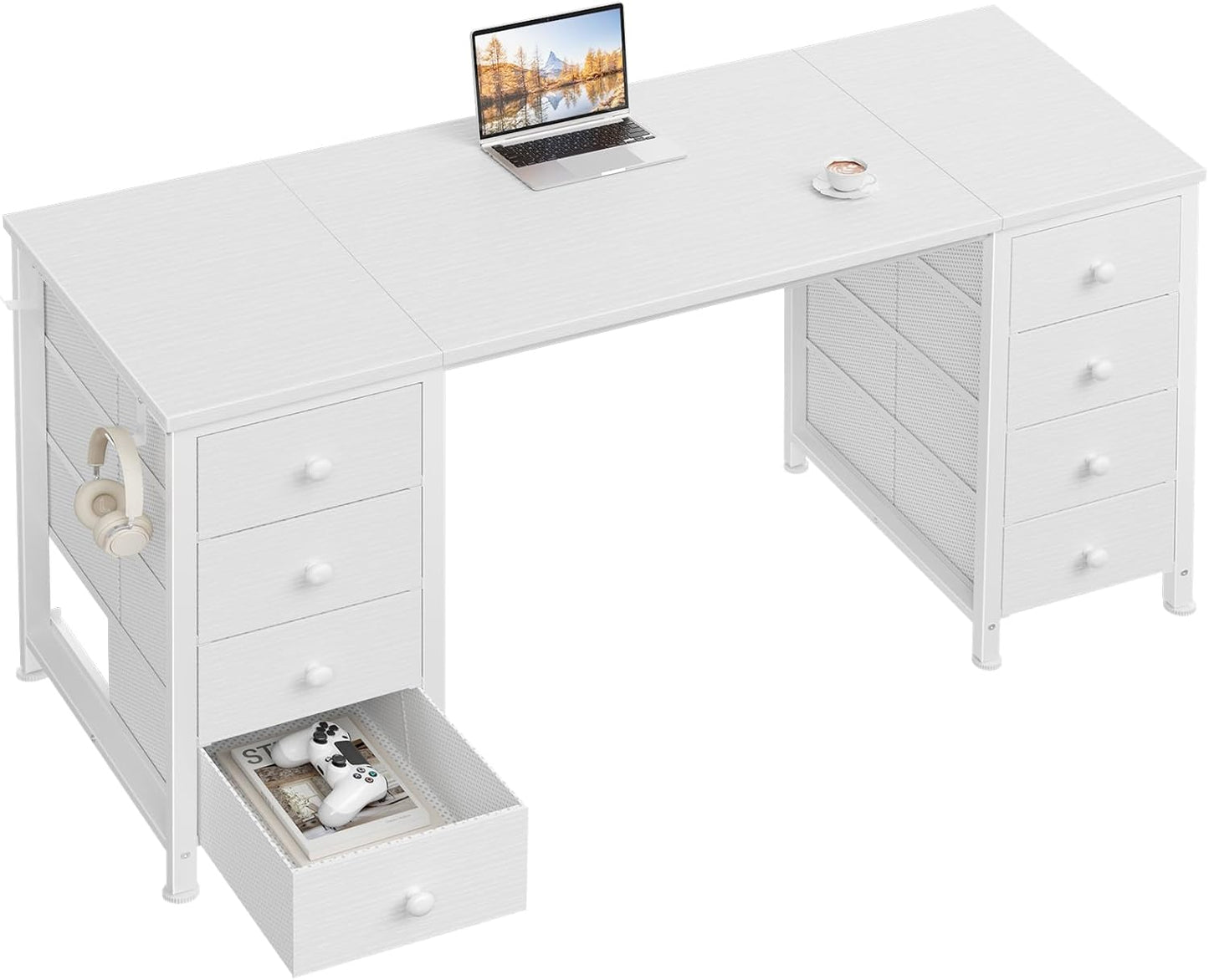 White Computer Desk with Drawers on Both Sides for Home Office, 55 inch Girls Teens Desks with Storage Writing Study Table for Bedroom, Makeup Vanity Desks Without Mirror,8 Fabric Drawer