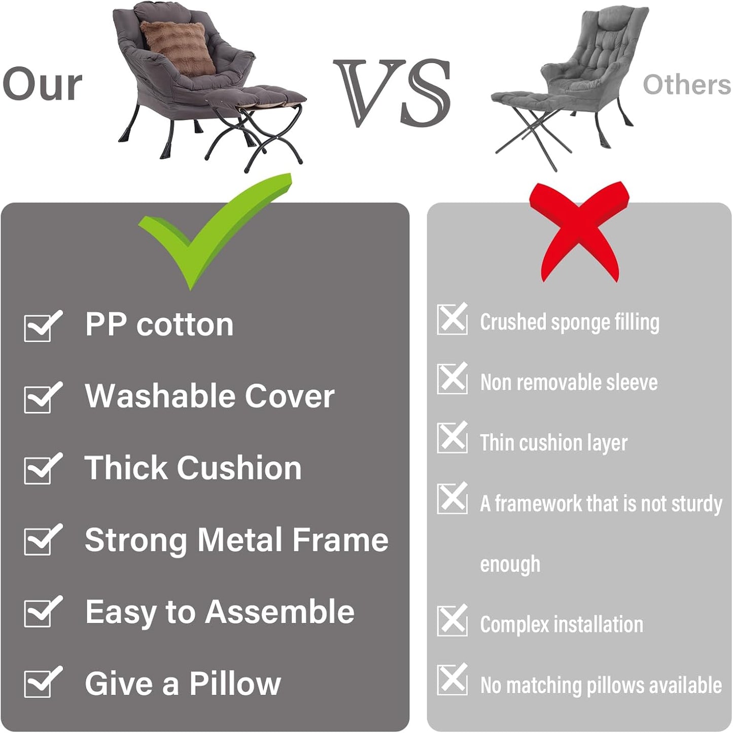 Large Lazy Chair with Ottoman, Accent Reading Chair with a Throw Pillow, Cozy Lounge Chair with Armrest, Leisure Sofa Chair for Living Room, Bedroom, Dorm, Shadow Grey