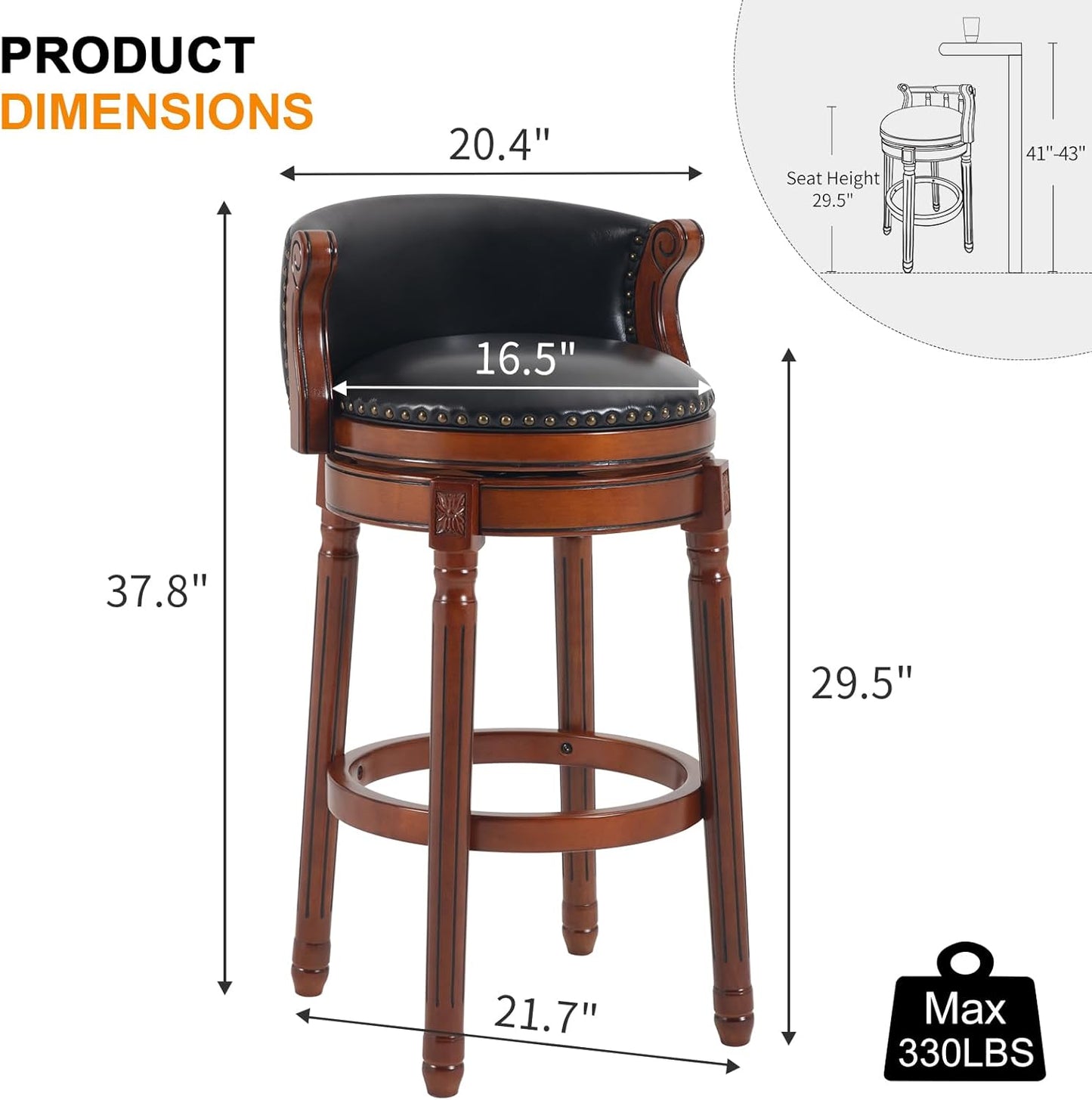 Cow top Leather Wooden Bar Stools, 29.5" Bar Height Bar Chair with Back, 180 Degrees Swivel Barstools Chair for Home Kitchen Counter,Dining Room (Black-2pcs, Bar Height-Seat Height 29.5”)