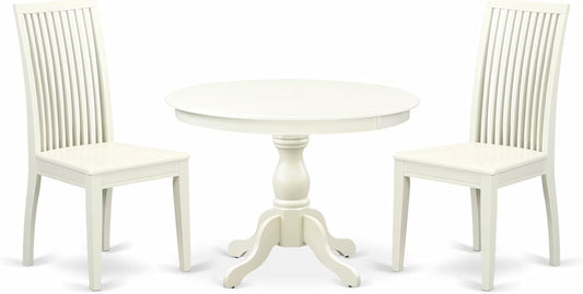 East West Furniture HBIP3-LWH-W 3 Piece Modern Dining Table Set Contains a Round Wooden Table with Pedestal and 2 Dining Chairs, 42x42 Inch, Linen White
