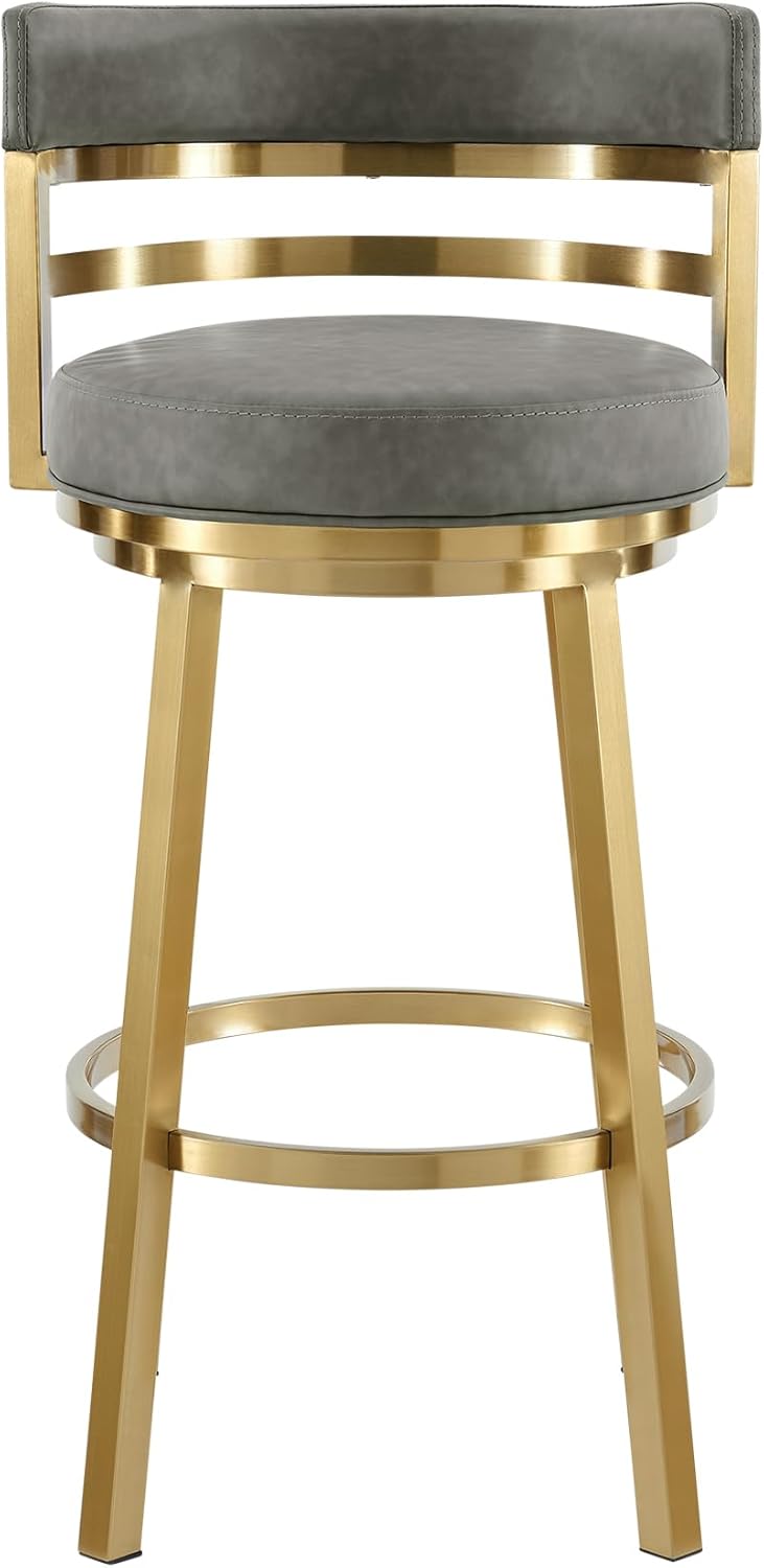 Armen Living Madrid 30" Seat Height Swivel Modern Vintage Gray Faux Leather and Gold Brushed Stainless Steel Bar Stool for Kitchen Island Counter