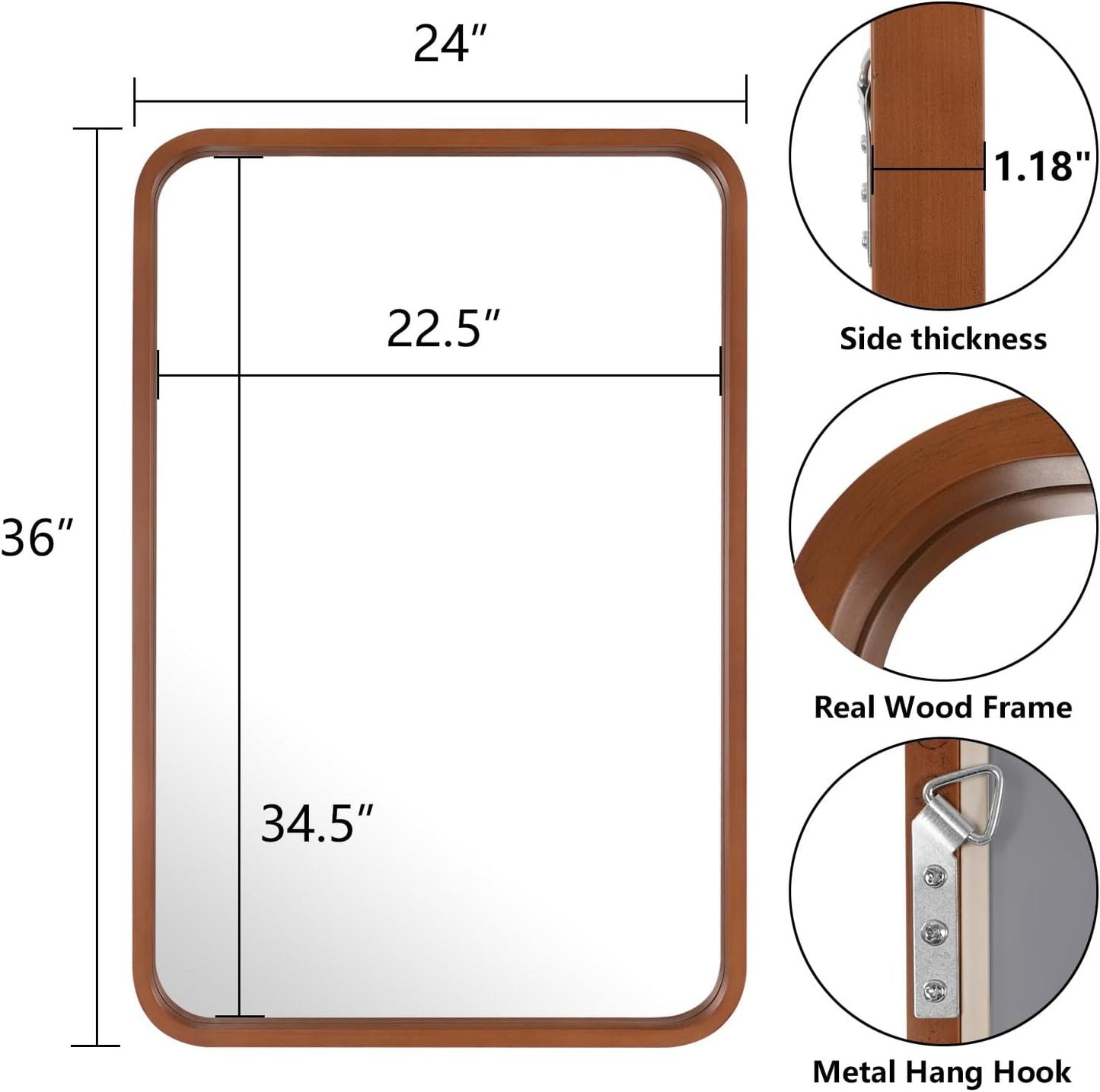 WallBeyond 24x36 Inch Wood Mirror for Bathroom, Wooden Frame Wall Mirror Farmhouse Wall Mounted Rectangle Mirror for Vanity (Horizontal/Vertical Walnut Color)