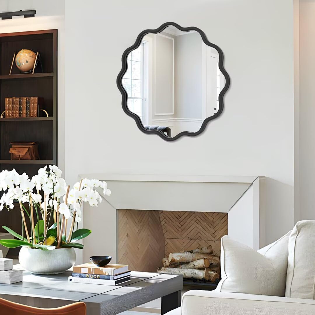 PROHOMEWARE Black Round Mirror 20 Inch Wavy Bathroom Vanity Mirror Black Frame Modern Wall Mirror Decorative Wall-Mounte Anti-Rust, Tempered Glass