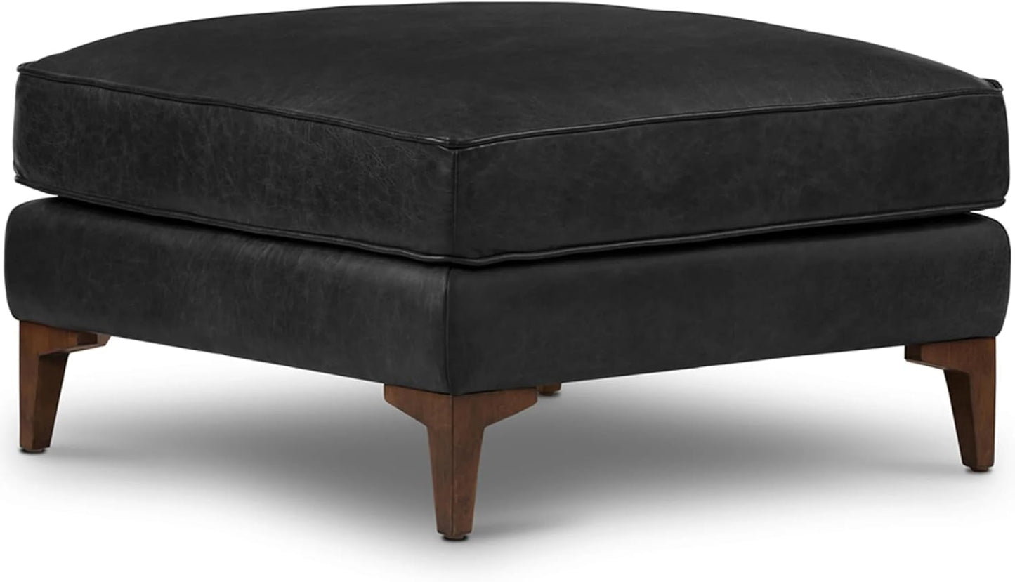 POLY & BARK Essex Ottoman - 35” Large with Feather-Down Topper - Full-Grain Leather Upholstered Ottoman - Couch for Living Room - Vintage Italian Leather in Onyx Black
