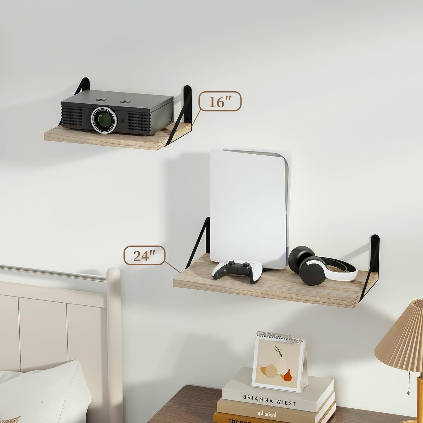 SAUMONIERES Floating Shelves Wall Bookshelf for Bedroom Bathroom Living Room Wood Wall Mounted Wide Deep Storage, Rustic Torched Wall Shelves Set of 2