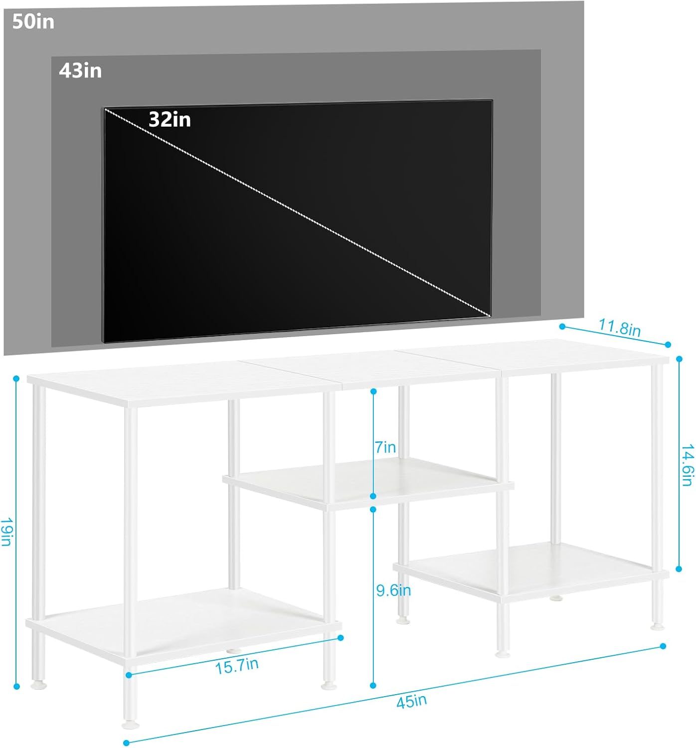 BTY White TV Stand for Bedroom 3 Tier Small Entertainment Center with Storage Industrial TV Media Console Table for 50 Inch TVs, Living Room, Small Space
