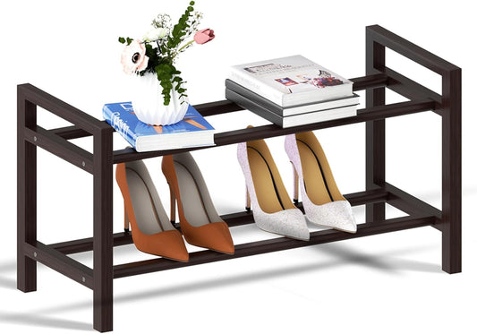 Haddockway Bamboo Shoe Rack for Closet, Free Standing Shoe Organizer with Smooth Round Rods & Convenient Handles, Stackable Shoe Storage Shelf for Entryway, Hallway(Brown, 2-Tier(Small))