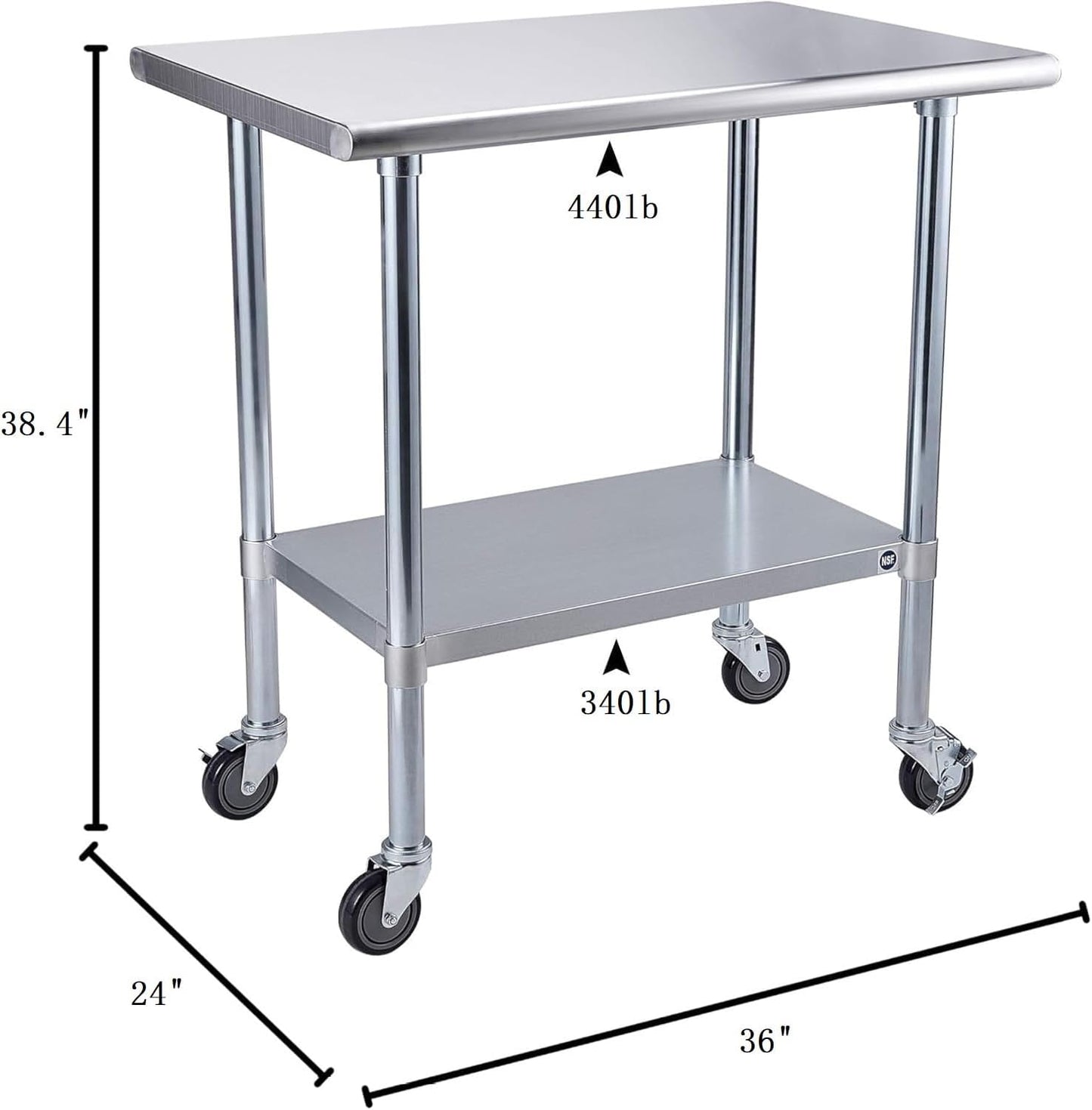 ROCKPOINT Stainless Steel Table for Prep & Work with Caster Wheels 24x36 Inches, NSF Metal Commercial Kitchen Heavy Duty Table with Adjustable Under Shelf and Table Foot for Restaurant, Home and Hotel