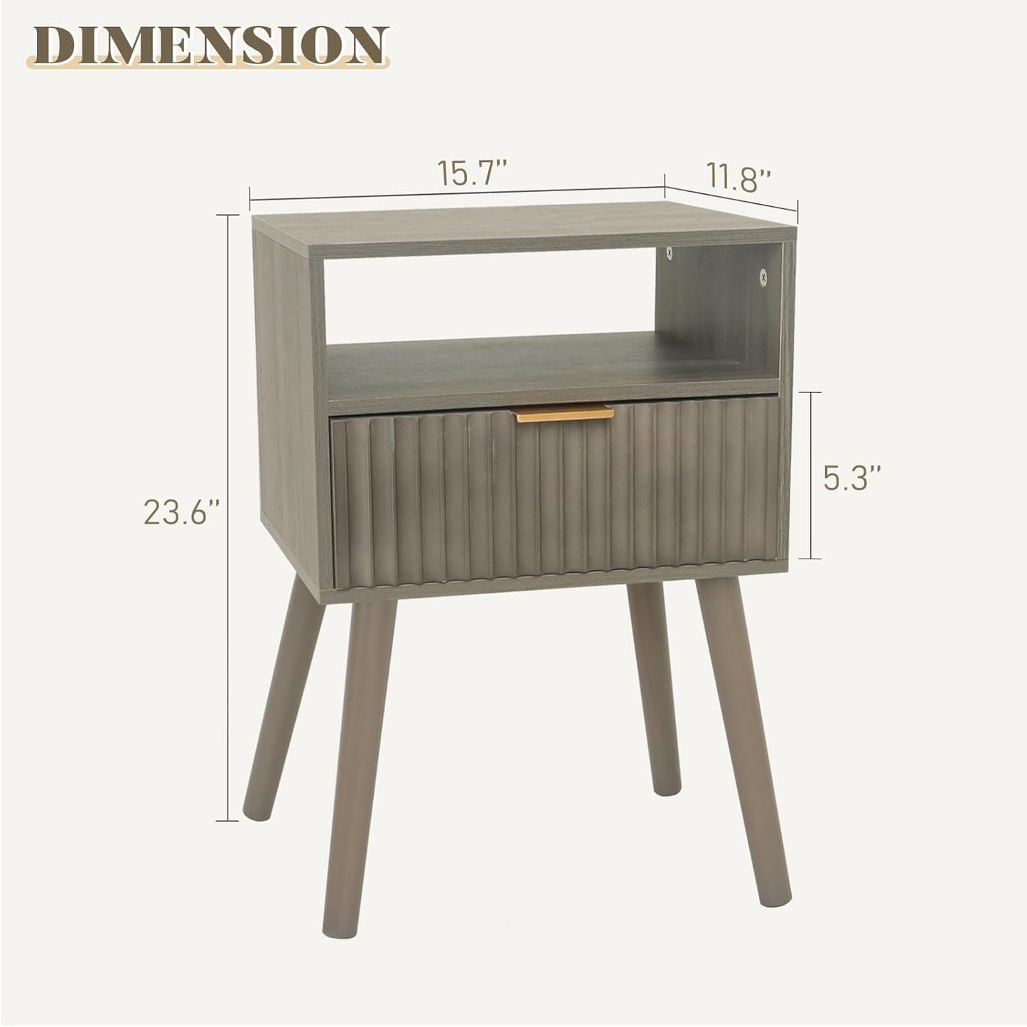 Grey Nightstand, Modern Night Stand Wood, Fluted Bedside Table with Solid Wood Legs for Bedroom, Dorm and Small Space (Grey)