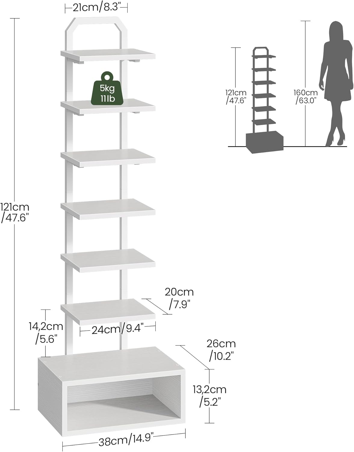 8-Tier Bookshelf, LED Bookcase with Semi-Open Bottom, Small Space Standing Shelf with Lights, Corner Storage Stand, for Living Room, Home Office, Bedroom, White TSJ08DWB