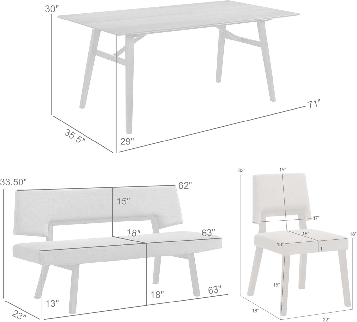 Armen Living Channell Mid Century Modern 6 Piece Black Wood Dining Table Set with Bench in Charcoal Fabric