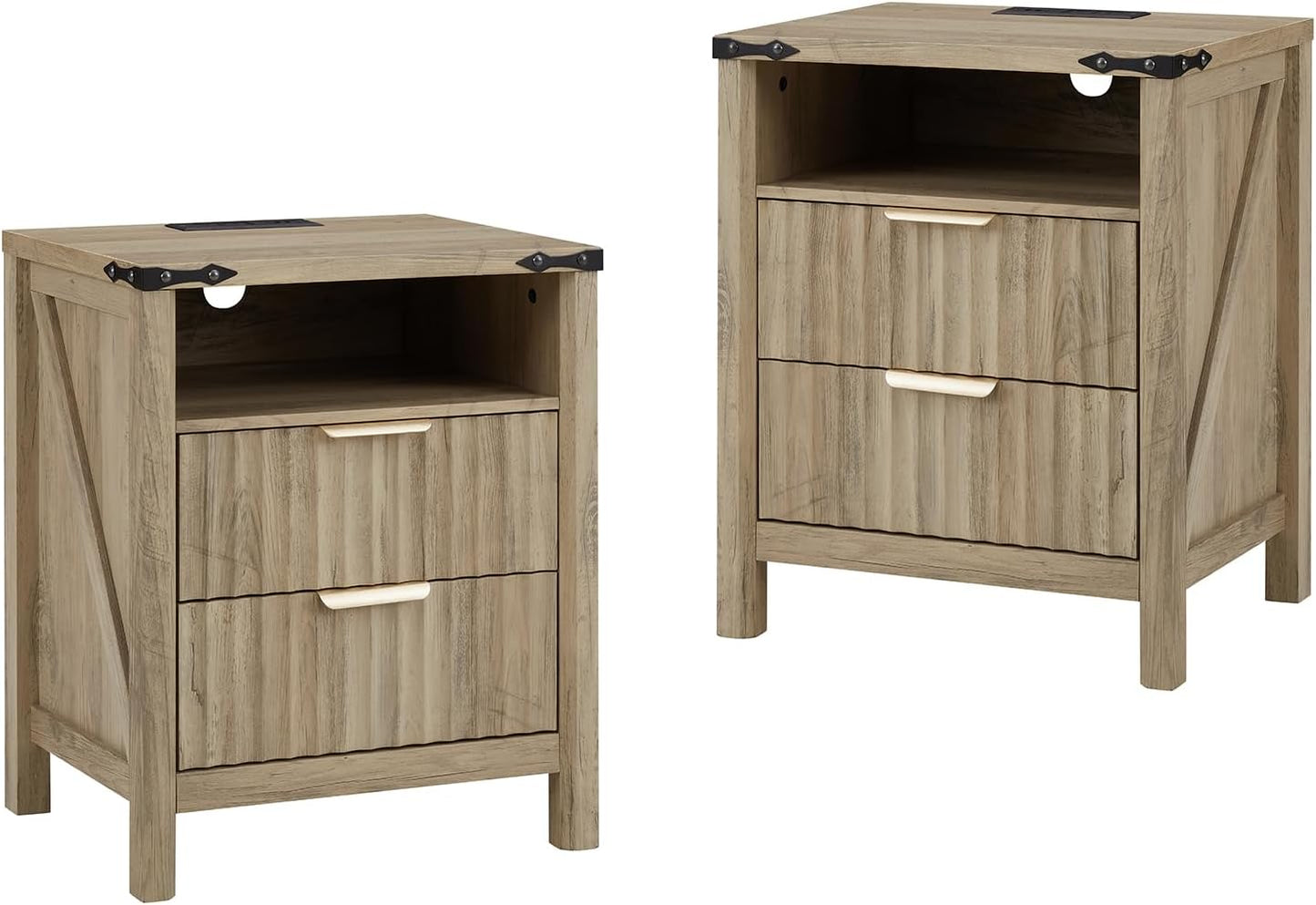 Fluted Nightstand with Charging Station Set of 2-20 Inch Wide Farmhouse Bedside Table with 2 Drawers, Modern Wood End Side Table for Bedroom Study Storage Sunwashed Ash Oak