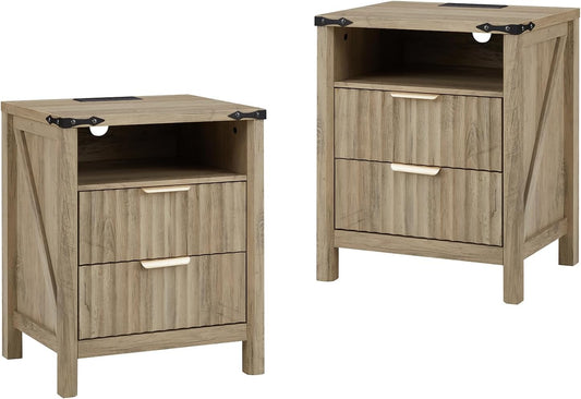 Fluted Nightstand with Charging Station Set of 2-20 Inch Wide Farmhouse Bedside Table with 2 Drawers, Modern Wood End Side Table for Bedroom Study Storage Sunwashed Ash Oak