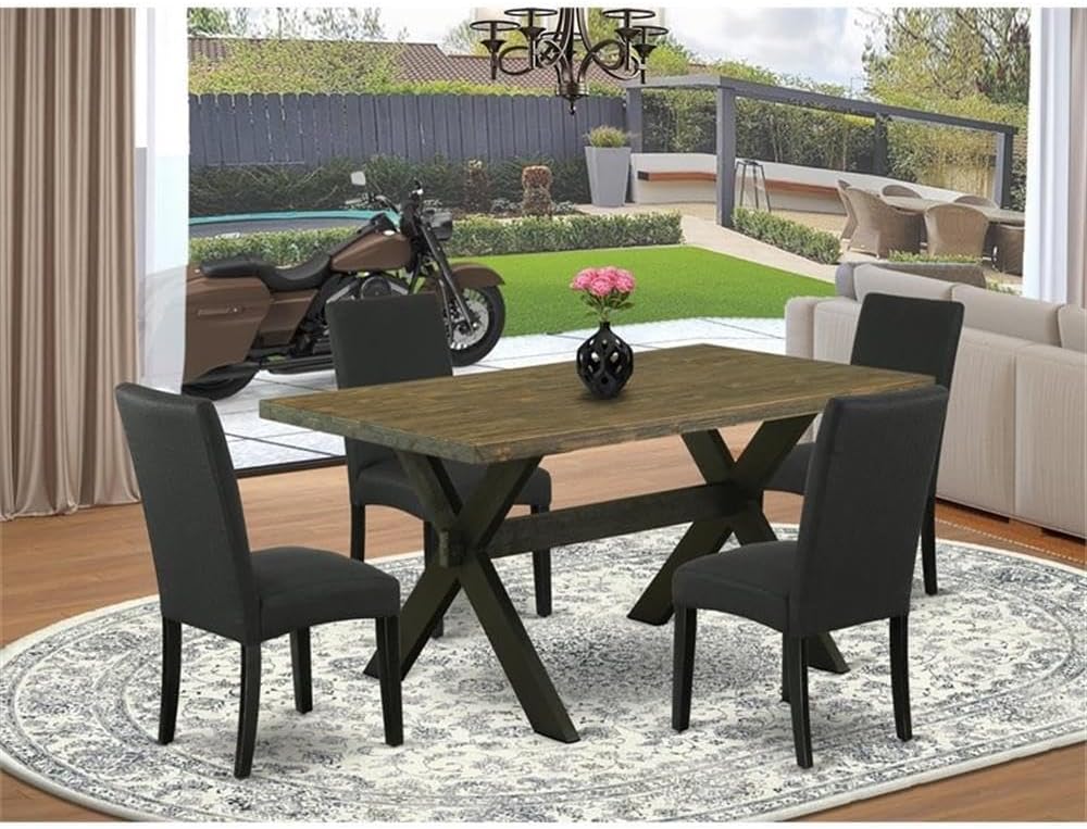 East West Furniture X676DR124-5 5 Piece Dining Room Table Set Includes a Rectangle Kitchen Table with X-Legs and 4 Black Color Linen Fabric Parson Dining Chairs, 36x60 Inch, Multi-Color