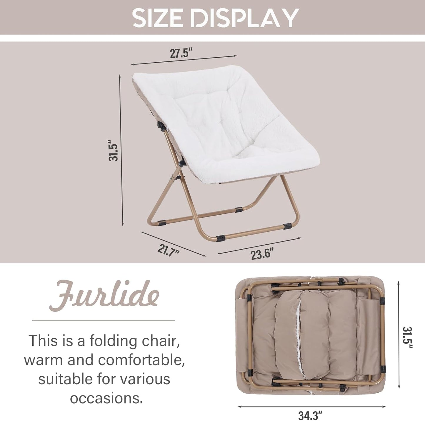 Saucer Chair, Comfy Bedroom Chairs, Oversized Folding Faux Fur Chair, Foldable Metal Frame Chair for Bedroom, Study, Playroom (White)