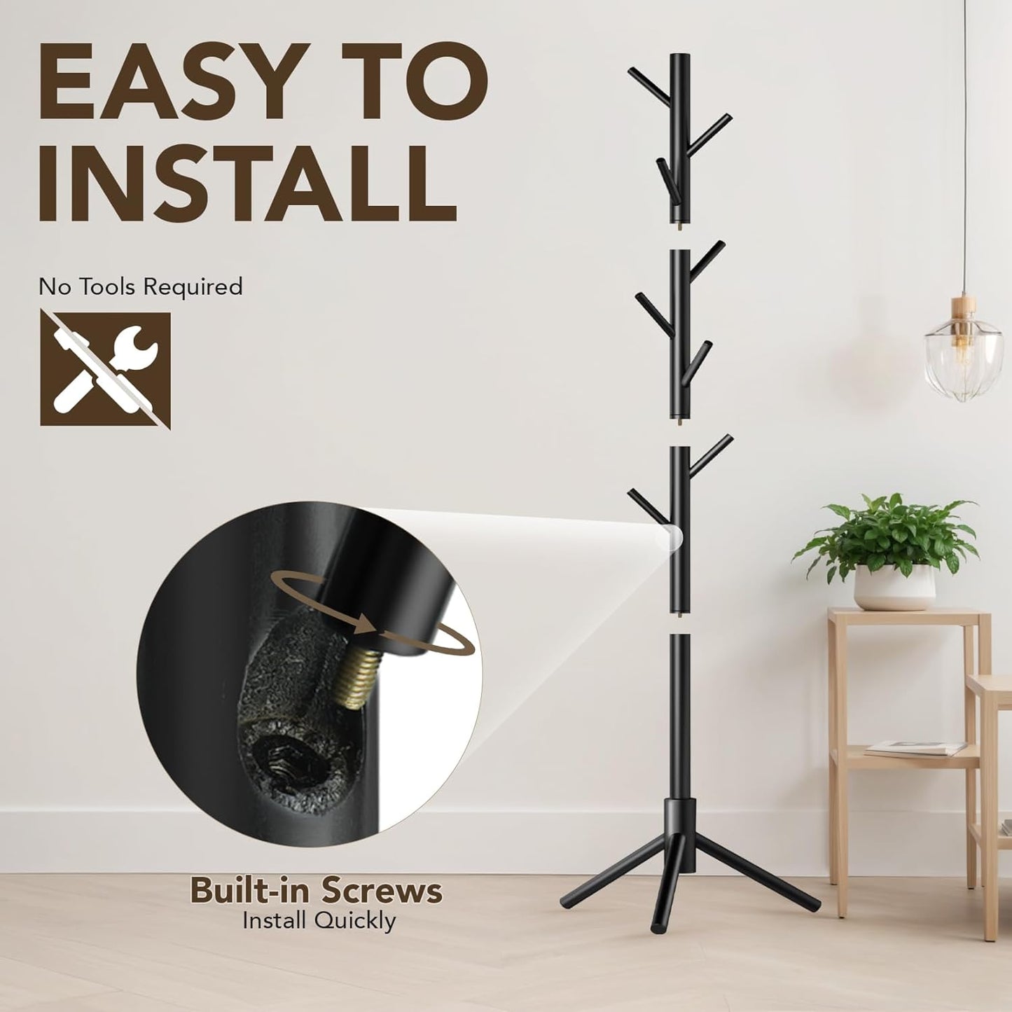 Wooden Tree Coat Rack Stand,Sturdy Freestanding Coat Rack with 8 Hooks,3 Adjustable Height for Child Adult,Wood Coat Stand Tree Fits Entryway Bedroom Office for Bags,Hats, 2 Pack